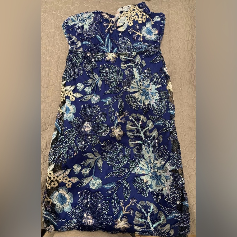 Floral Sequin Blue Strapless Dress